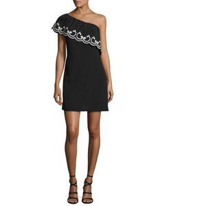 Ramy Brook Darla Lace-Trim One-Shoulder Mini Dress, Black/Ivory